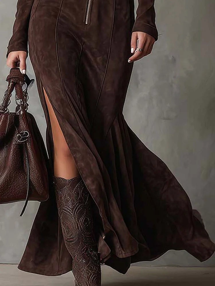 Damen-Maxikleid aus PU-Wildleder mit Frontreißverschluss, Taillengürtel und hohem Schlitz, Ansicht 3