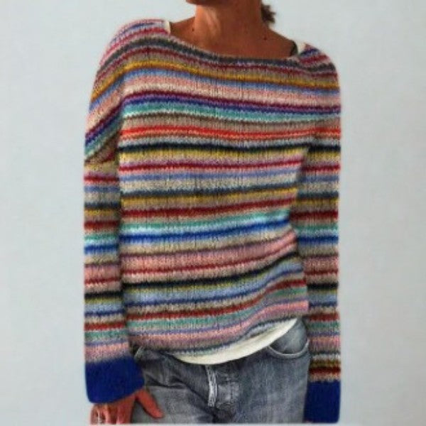 Damen-Norwegerpullover mit Rundhals und Jacquardmuster im Retro-Stil in Regenbogen