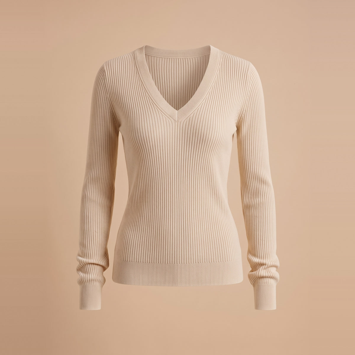 Damen-Rippstrickpullover mit V-Ausschnitt in Creme, Vorderansicht
