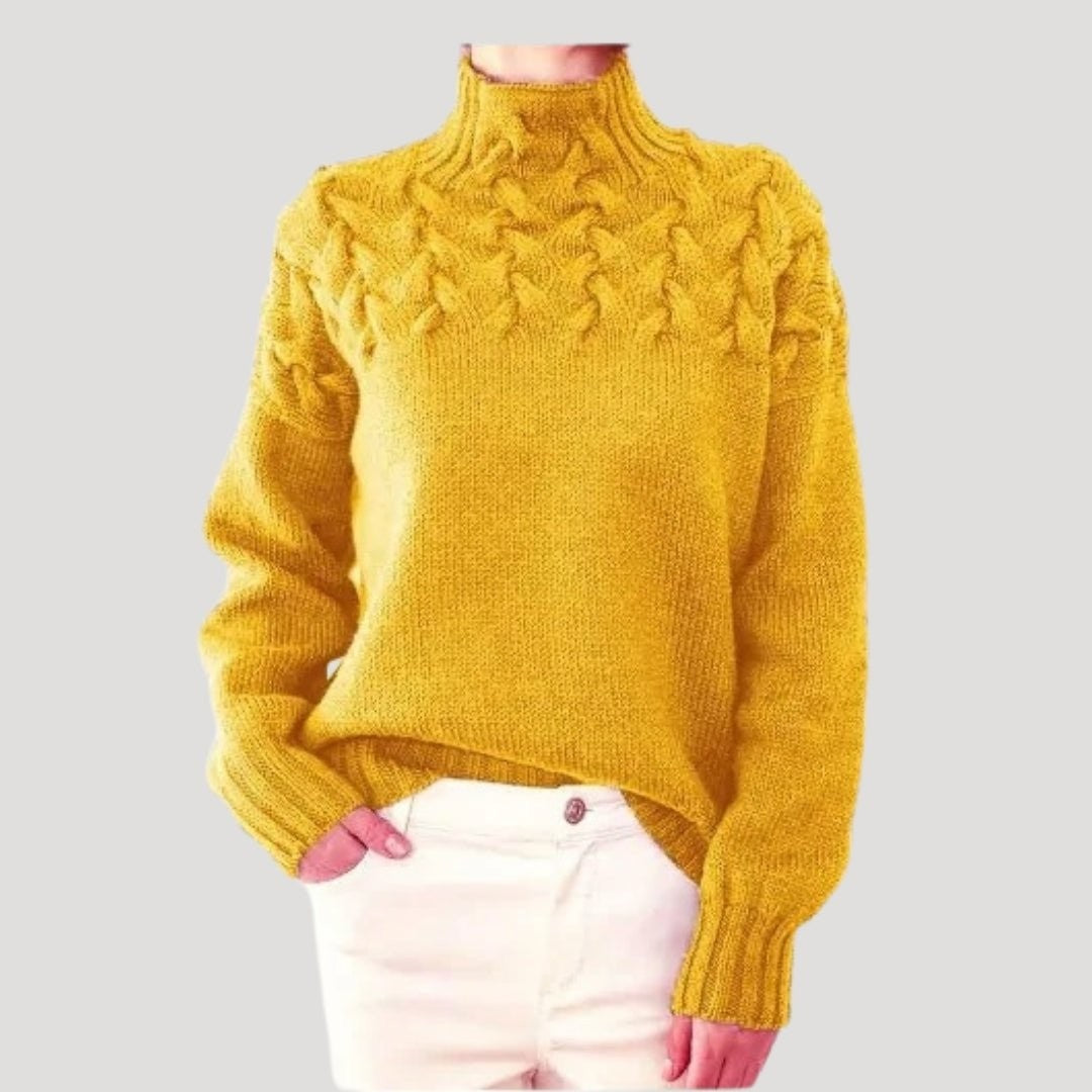 Damen-Rollkragenpullover mit Zopfmuster an der Passe und lockerer Passform in Gelb