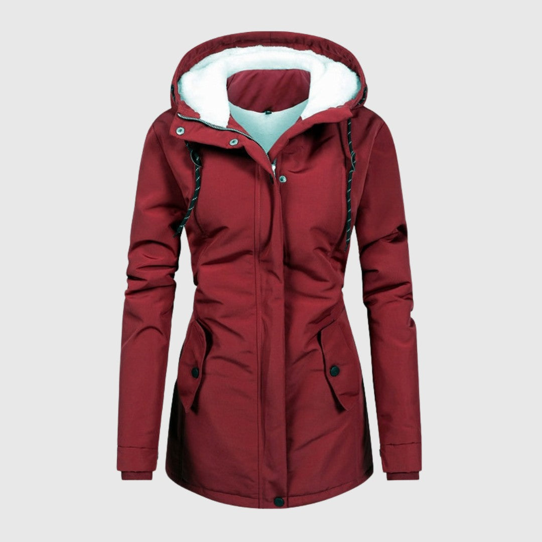 Damen-Winterjacke mit Teddyfutter in der Kapuze, verstellbarer Kapuze und Pattentaschen in Rot