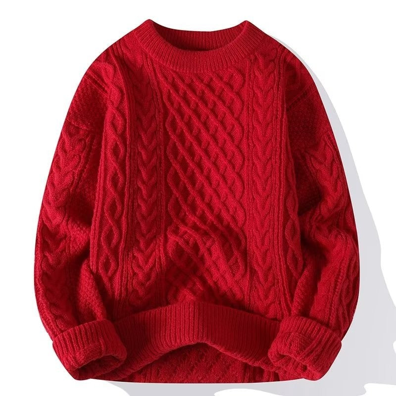 Damen-Zopfstrickpullover aus Wolle mit Rundhals und überschnittenen Schultern für kalte Tage in Rot