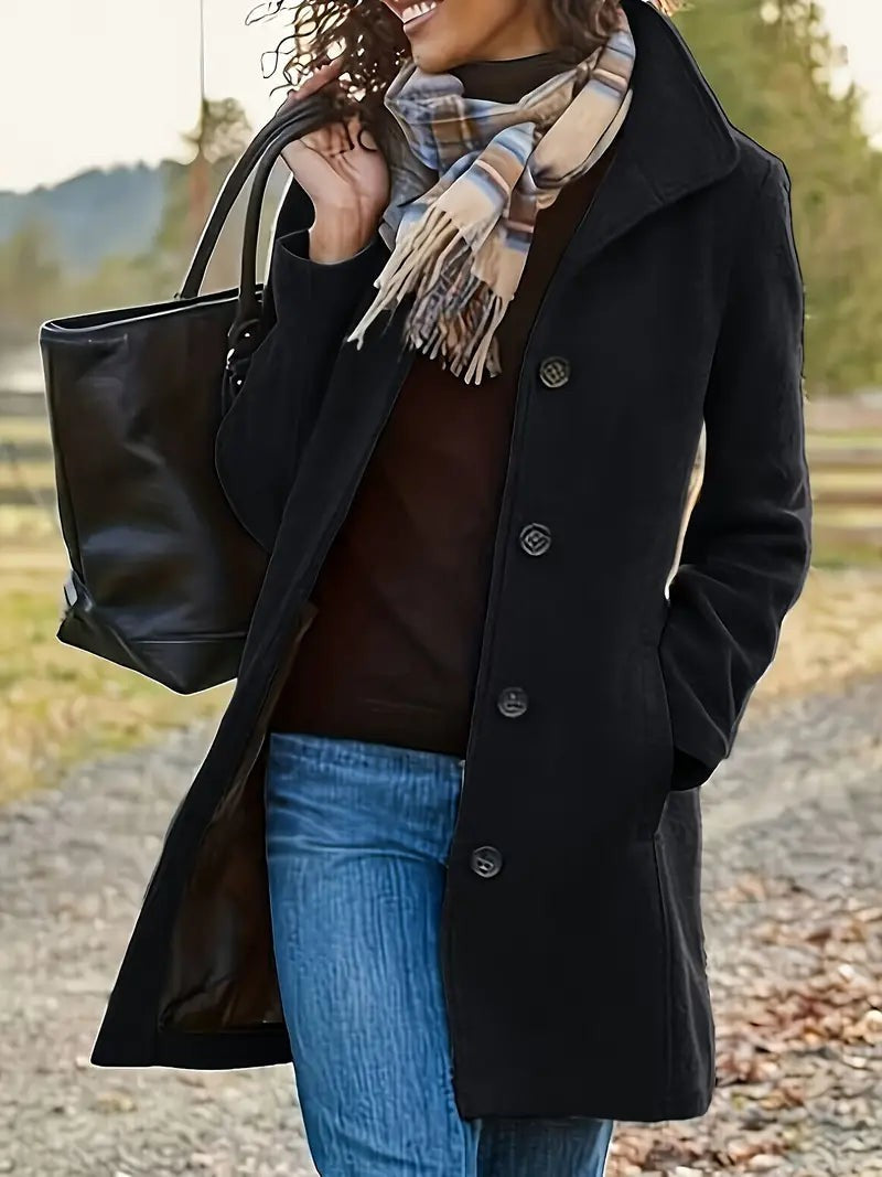 Gefütterter Damen-Wintermantel mit Knopfleiste, Reverskragen und Eingrifftaschen in mittlerer Länge in Schwarz