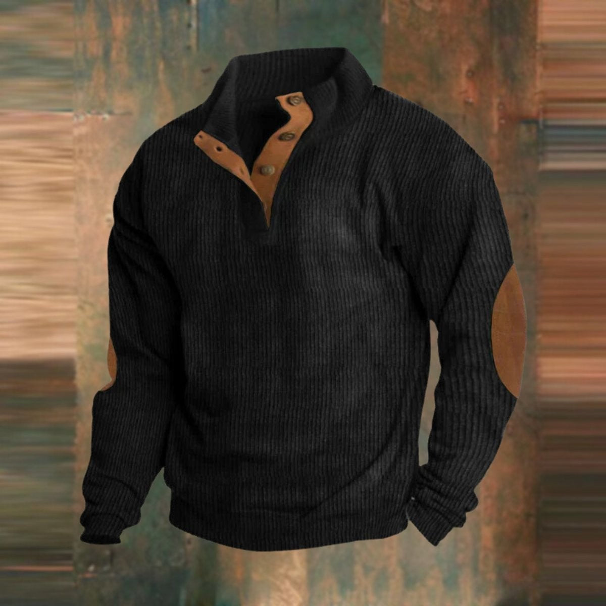 Gerippter Herren-Troyer mit Stehkragen, Druckknopfleiste und Ellenbogen-Patches in Schwarz