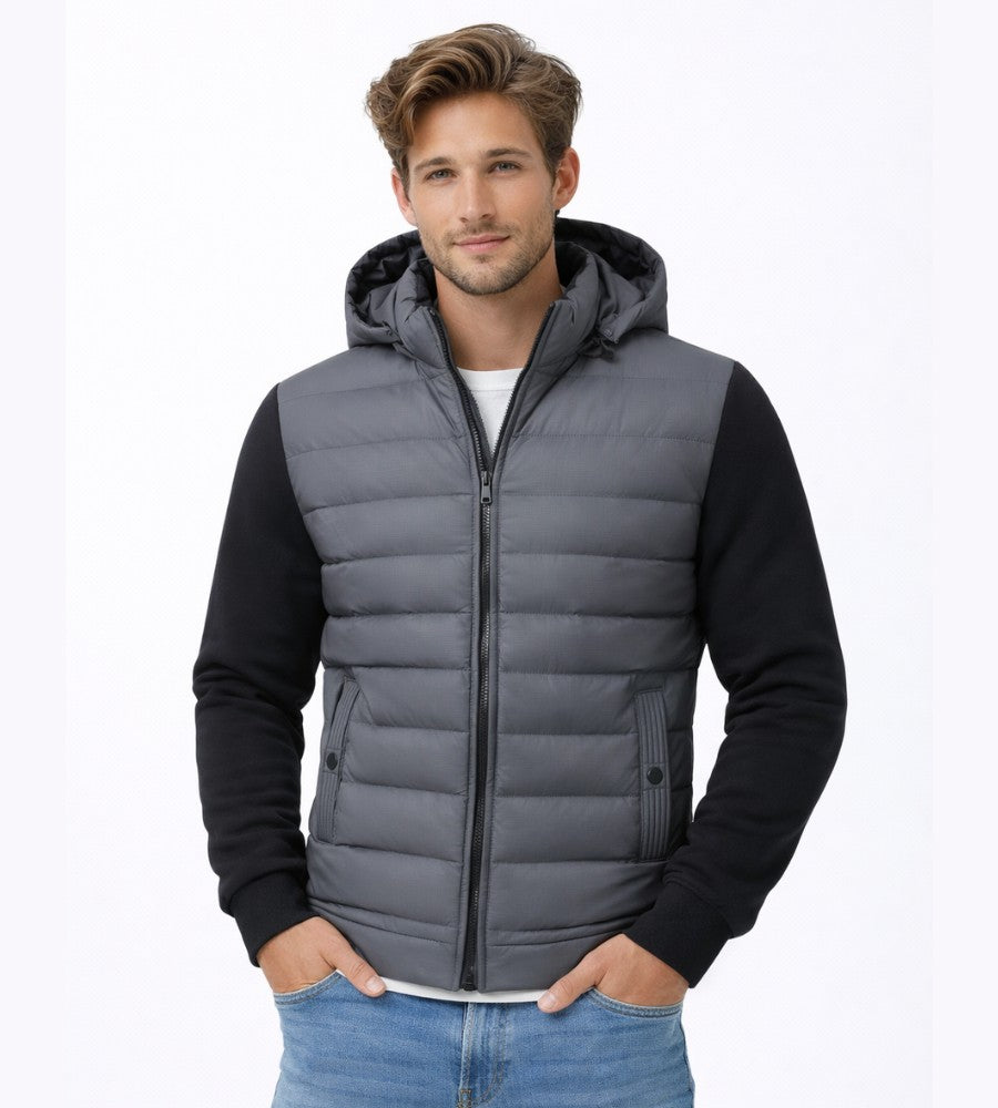 Herren-Hybridjacke mit gestepptem Vorderteil, Kapuze und Reißverschlusstaschen für den Winter, Ansicht 8