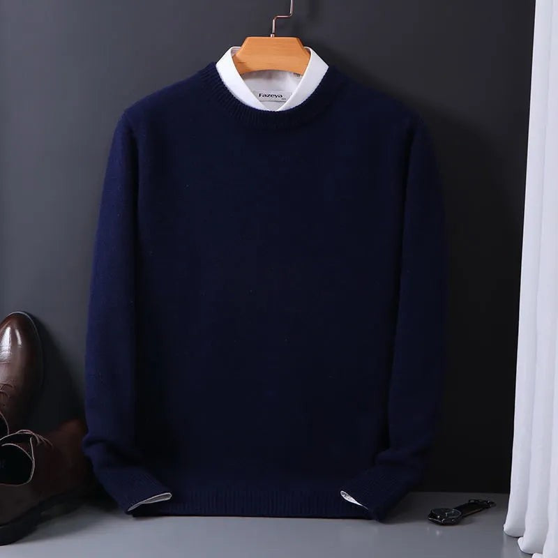 Herren-Kaschmirpullover mit Rundhalsausschnitt und Rippbündchen in Navyblau