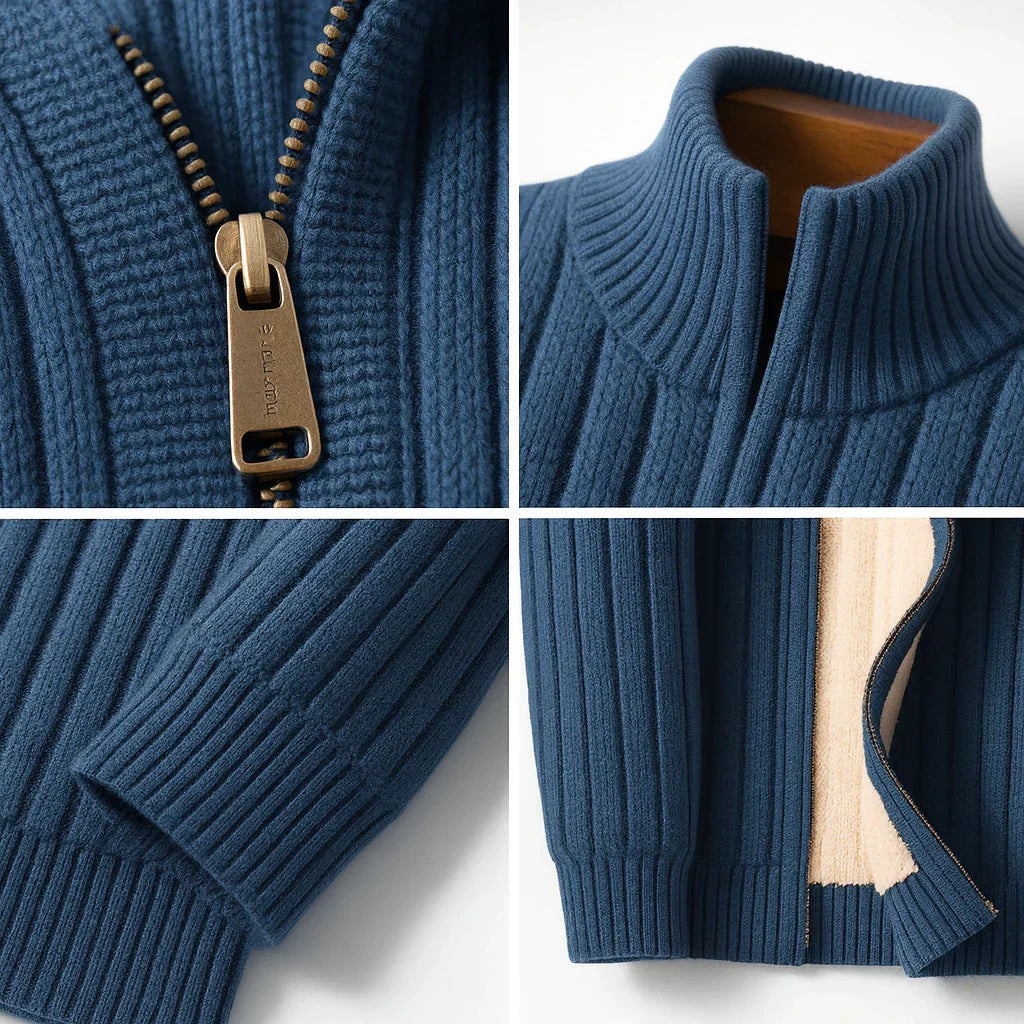 Herren-Strickjacke aus Rippstrick mit Fleecefutter, Stehkragen und Reißverschluss, Ansicht 6