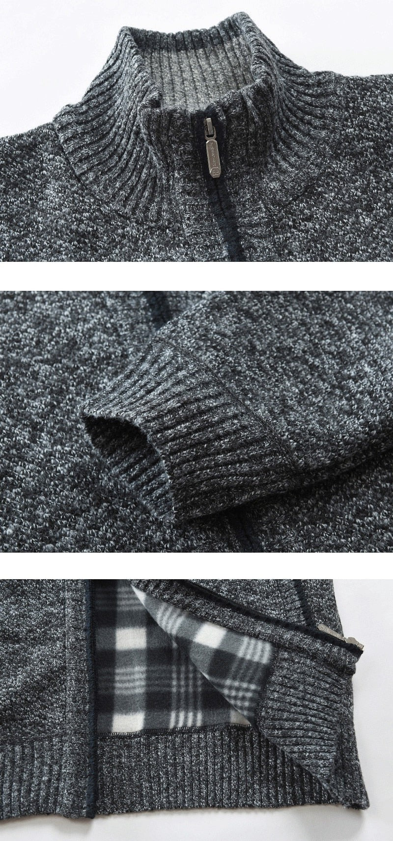 Herren-Strickjacke aus Wolle mit Stehkragen, Reißverschluss und warmem Karofutter, Ansicht 7
