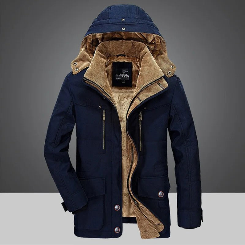 Herren-Winterjacke mit hohem Kragen, verstellbarer Kapuze und Plüschfutter mit Doppelverschluss in Blau