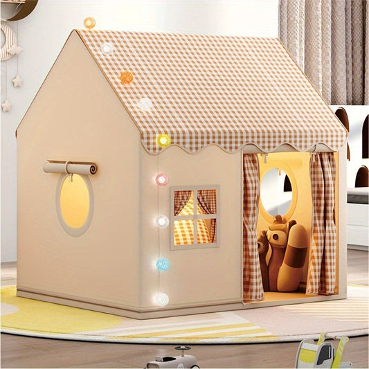 Kinder-Spielhaus aus Polyester und PVC mit Fenstern und Vorhangtür für Kinderzimmer und Garten, Ansicht 2