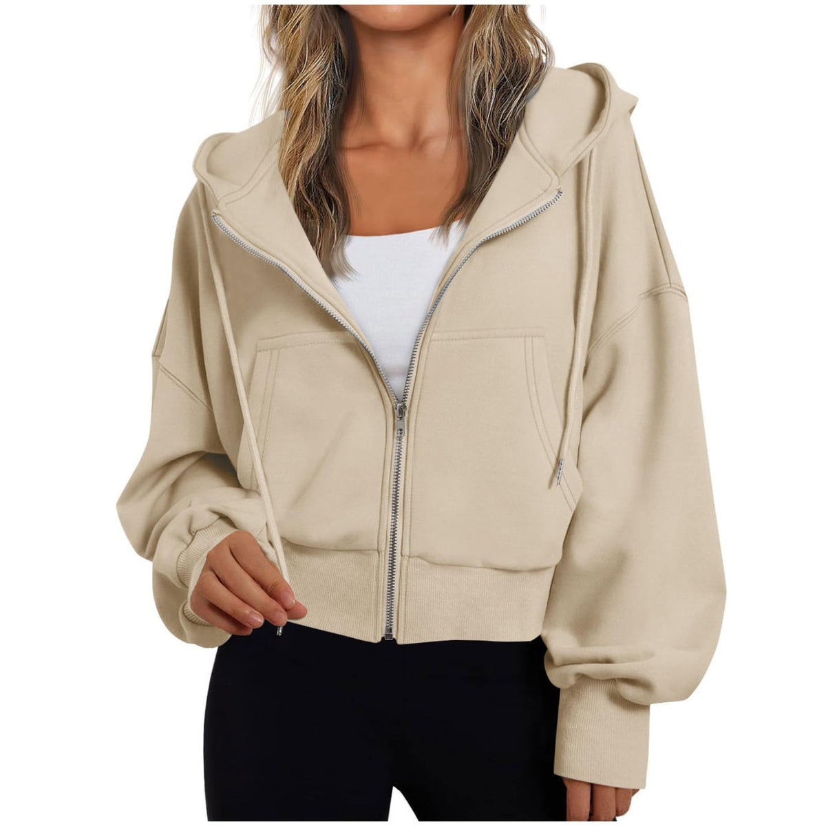 Kurze Damen-Kapuzenjacke mit Reißverschluss, Kängurutasche und Rippbündchen in Khaki