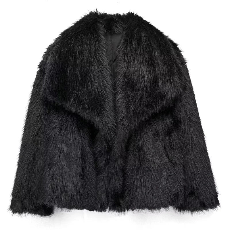 Kurze Damen-Kunstfelljacke mit Reverskragen und offener Front für den Winter in Schwarz