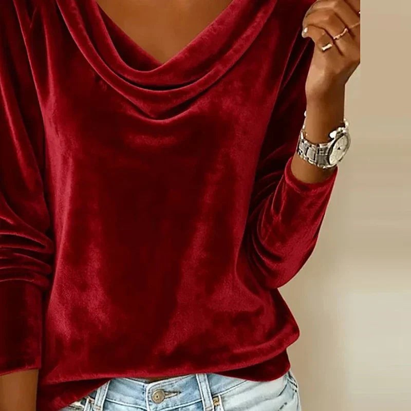 Langarm-Damen-Shirt aus Samt mit Wasserfallausschnitt und Raglanärmeln, Ansicht 9