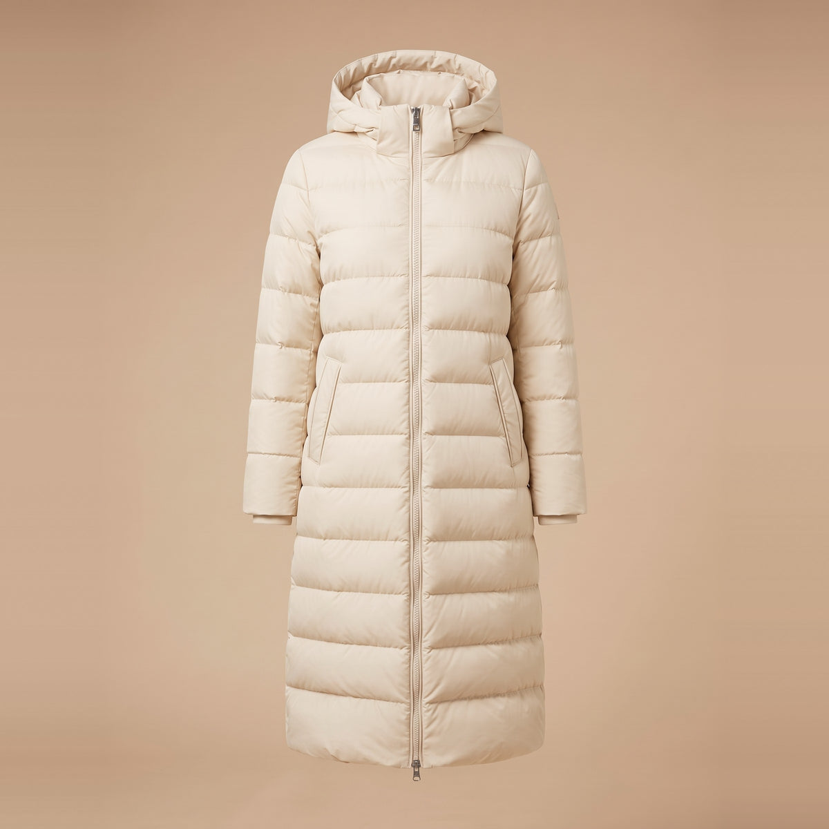 Langer Damen-Steppmantel mit Kapuze in Creme, Vorderansicht