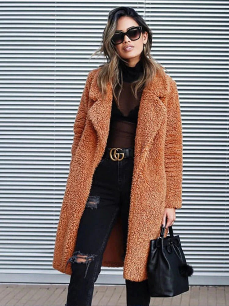 Langer Damen-Teddymantel mit Reverskragen für Herbst und Winter, Ansicht 12
