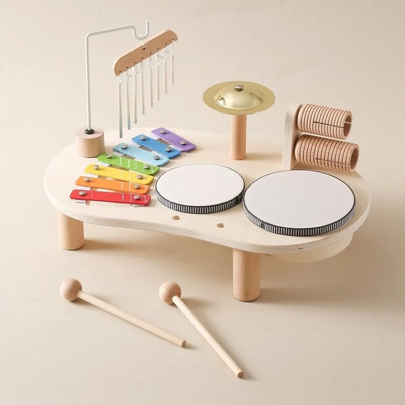 Musiktisch für Kinder aus Holz mit Xylophon, Trommeln, Becken und Windspiel, Ansicht 7