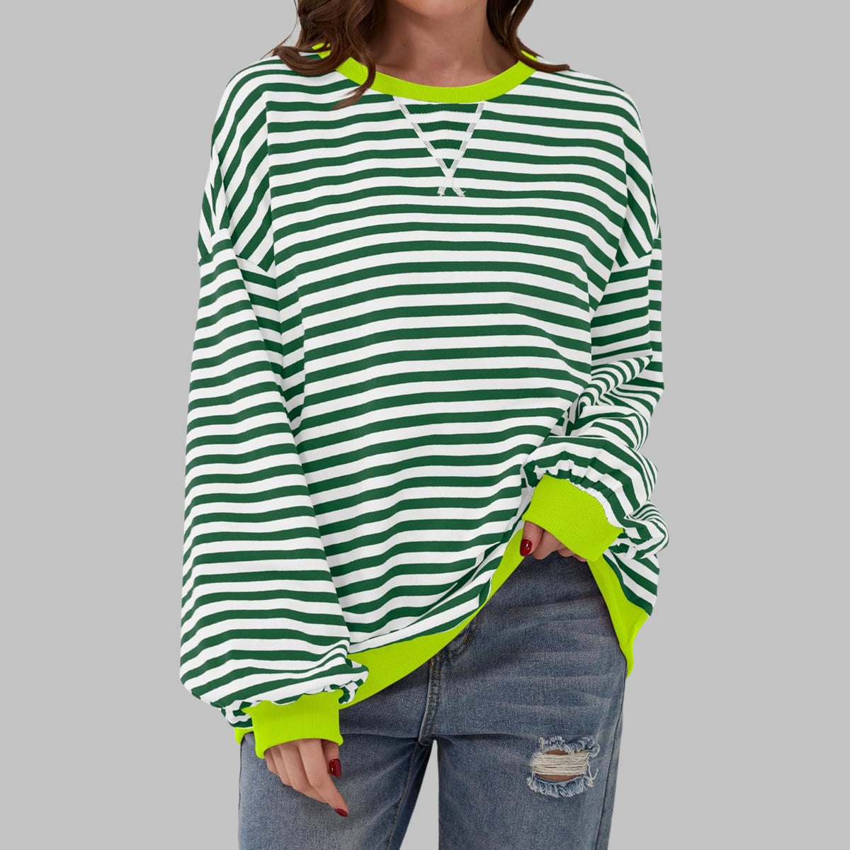 Oversize Damen-Sweatshirt mit Retro-Streifen, Rundhals und Kontrastbündchen in Dunkelgrün