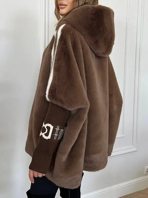 Oversized Damen-Kapuzenjacke aus Kunstfell mit Strickärmeln für den Winter, Ansicht 6