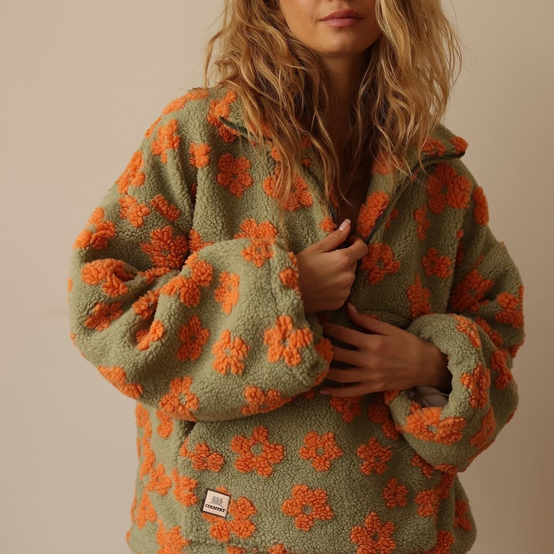 Oversized Damen-Troyer aus Teddyfleece mit Blumenmuster, Reißverschlusskragen und Kängurutasche, Ansicht 9