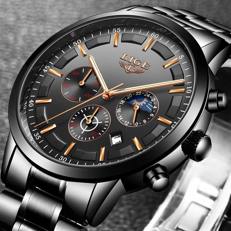 Schwarze Herrenuhr aus Edelstahl mit Datumsanzeige, Mineralglas und Tag-Nacht-Anzeige, Ansicht 9