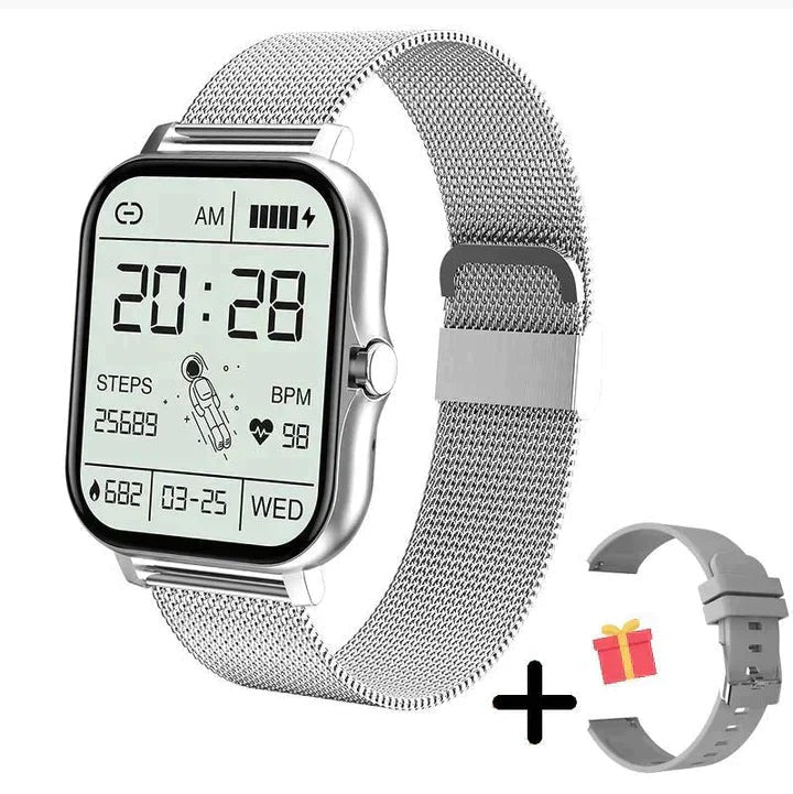 Smartwatch mit 1,83-Zoll-Touchscreen, Bluetooth-Telefonie, Aktivitätstracker und Milanaise-Armband in Silber mit Zusatzarmband