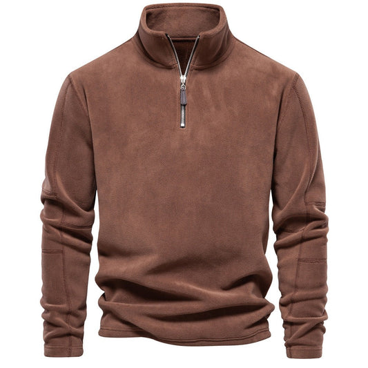 Warmer Fleece-Pullover für Herren mit halbem Reißverschluss und Stehkragen in Braun