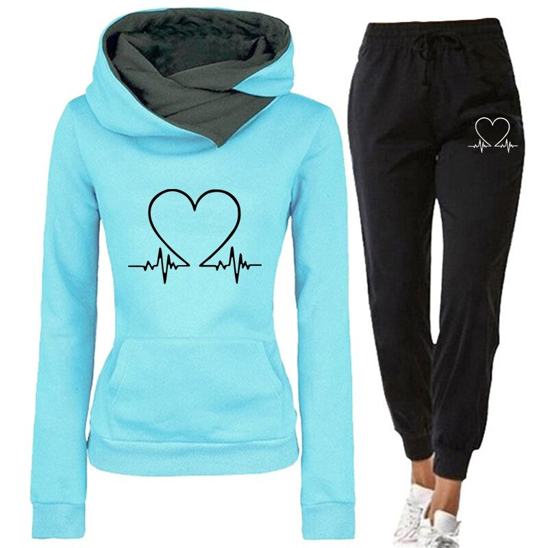 Warmer Jogginganzug mit Kapuzenpullover und Jogginghose mit Herzschlag-Motiv in Blau