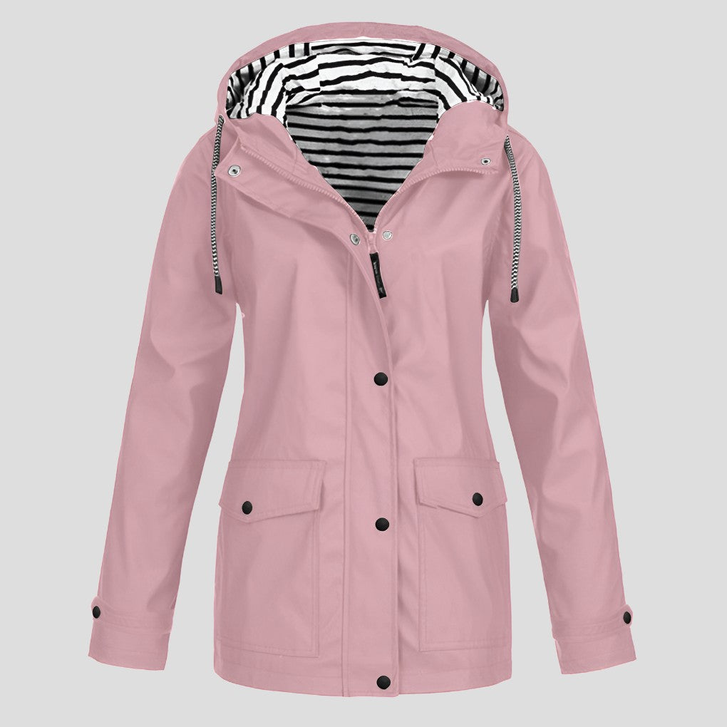 Wasserabweisende Damen-Regenjacke mit verstellbarer Kapuze, Sturmleiste und Pattentaschen in Pink