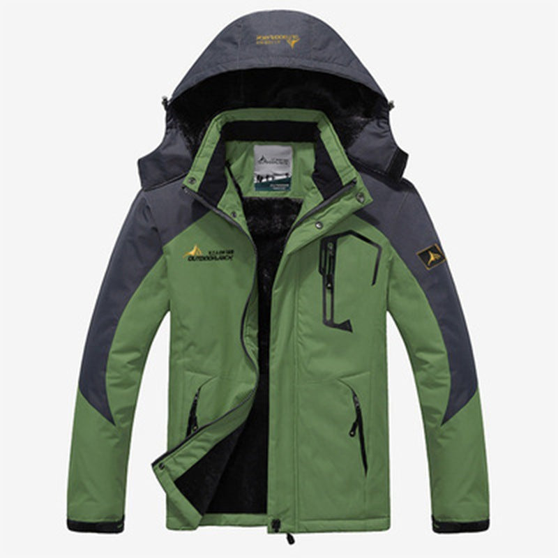 Wasserabweisende Herren-Outdoorjacke mit abnehmbarer Kapuze, Plüschfutter und Stehkragen in Hellgrün