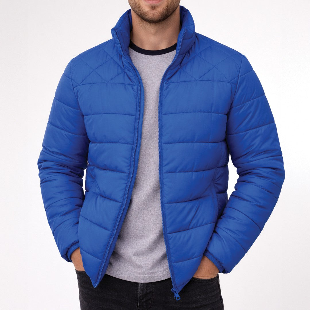 Wasserabweisende Herren-Pufferjacke mit Stehkragen und Reißverschlusstaschen in Blau