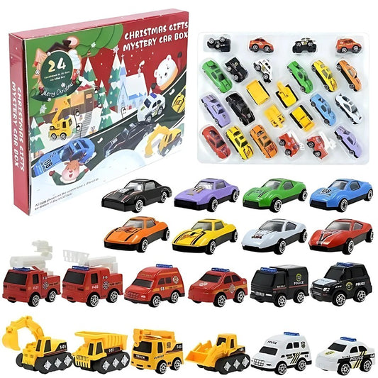 Adventskalender mit Spielzeugautos und Spielmatte auf einem Holztisch