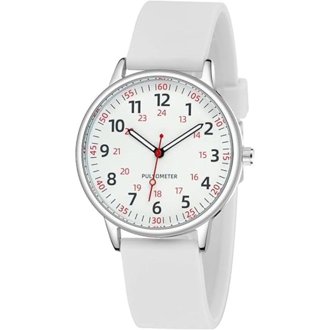 Analoge Pflegeuhr mit Silikonarmband, Sekundenzeiger und Pulsskala für Pflegekräfte in Weiß
