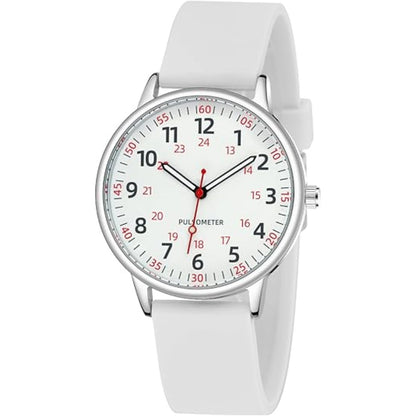 Analoge Pflegeuhr mit Silikonarmband, Sekundenzeiger und Pulsskala für Pflegekräfte in Weiß