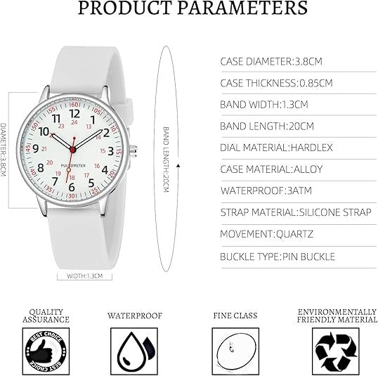 Analoge Pflegeuhr mit Silikonarmband, Sekundenzeiger und Pulsskala für Pflegekräfte, Ansicht 8