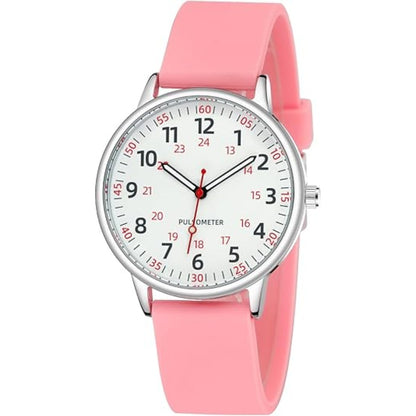 Analoge Pflegeuhr mit Silikonarmband, Sekundenzeiger und Pulsskala für Pflegekräfte in Rosa