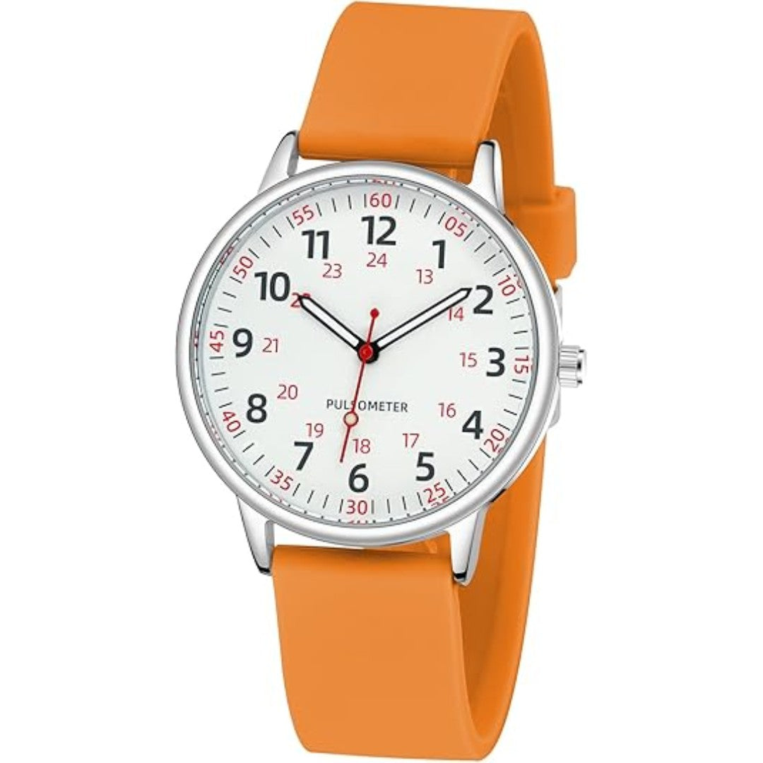 Analoge Pflegeuhr mit Silikonarmband, Sekundenzeiger und Pulsskala für Pflegekräfte in Orange