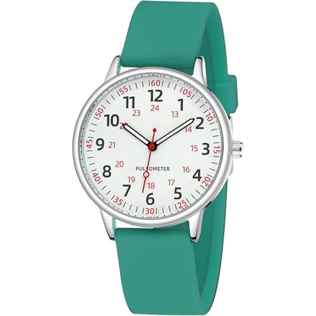 Analoge Pflegeuhr mit Silikonarmband, Sekundenzeiger und Pulsskala für Pflegekräfte in Grün