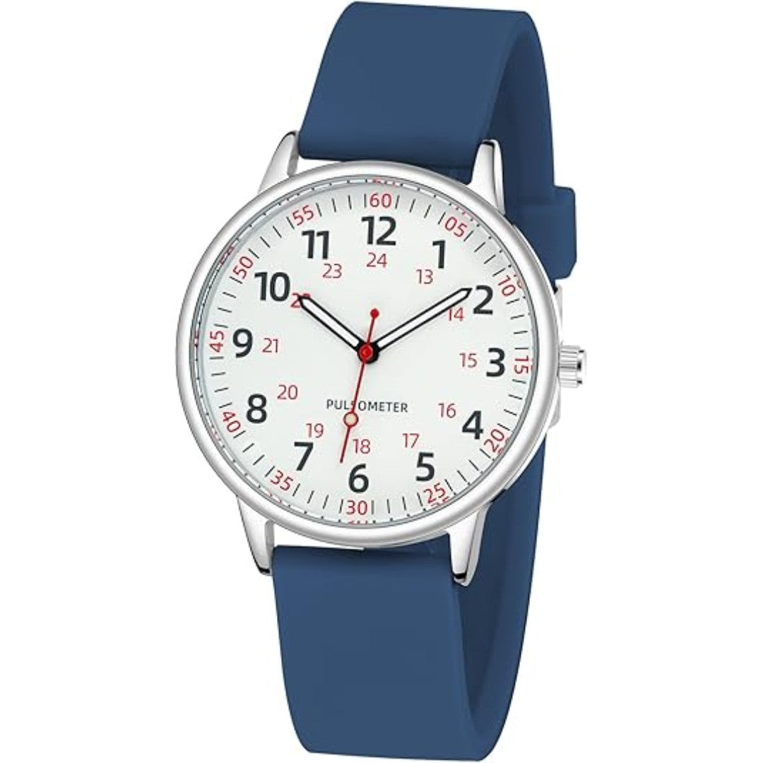 Analoge Pflegeuhr mit Silikonarmband, Sekundenzeiger und Pulsskala für Pflegekräfte in Blau