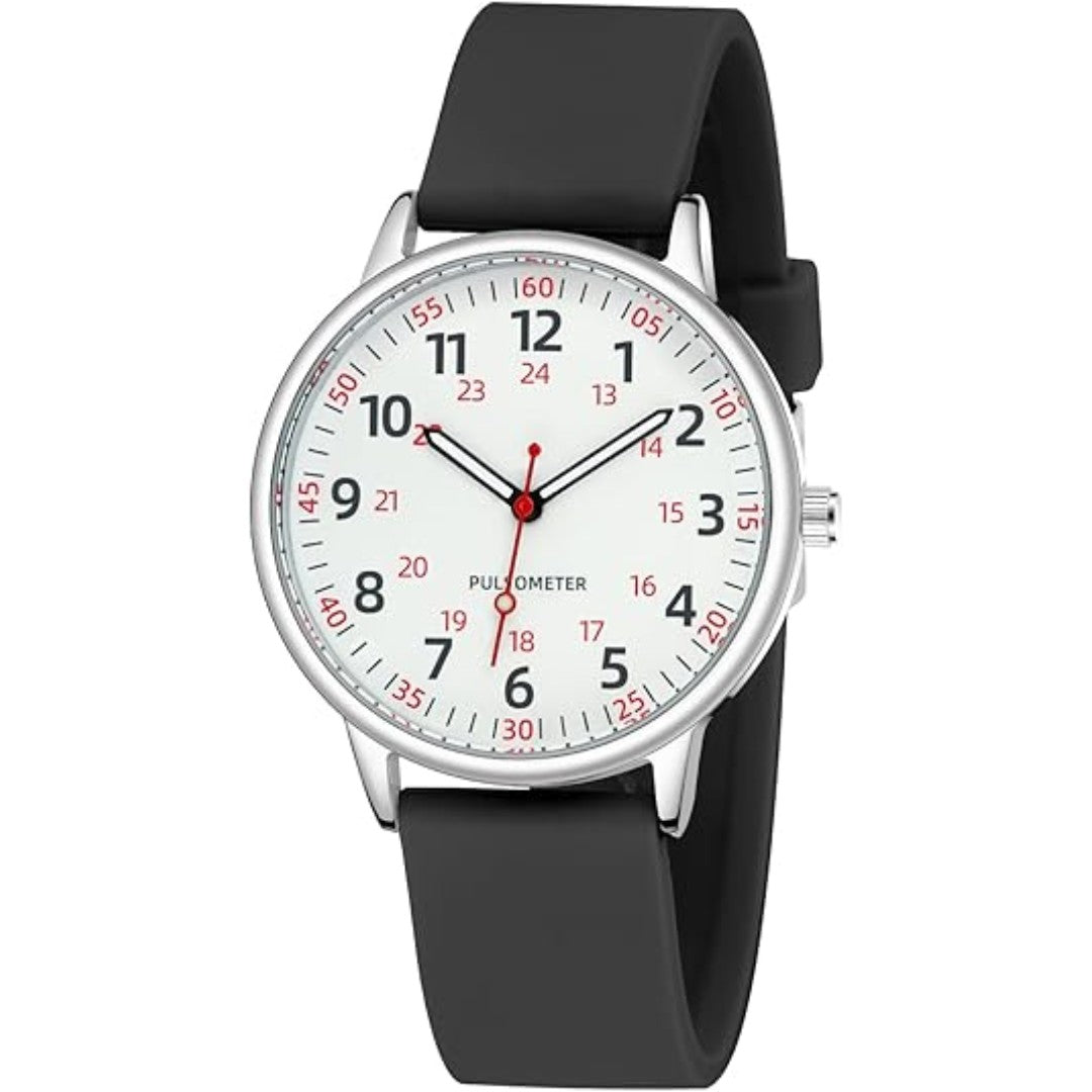 Analoge Pflegeuhr mit Silikonarmband, Sekundenzeiger und Pulsskala für Pflegekräfte in Schwarz