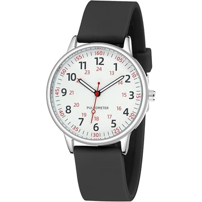 Analoge Pflegeuhr mit Silikonarmband, Sekundenzeiger und Pulsskala für Pflegekräfte in Schwarz