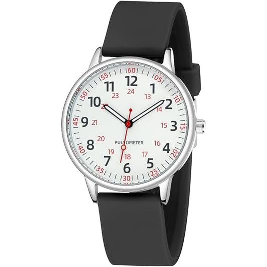 Analoge Pflegeuhr mit Silikonarmband, Sekundenzeiger und Pulsskala für Pflegekräfte in Schwarz