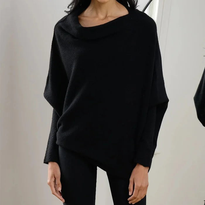 Asymmetrischer Damen-Strickpullover mit drapiertem Ausschnitt und langem Saum in Schwarz