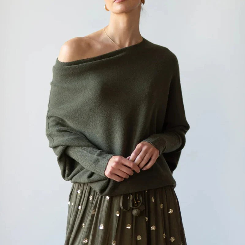 Asymmetrischer Damen-Strickpullover mit drapiertem Ausschnitt und langem Saum in Armeegrün