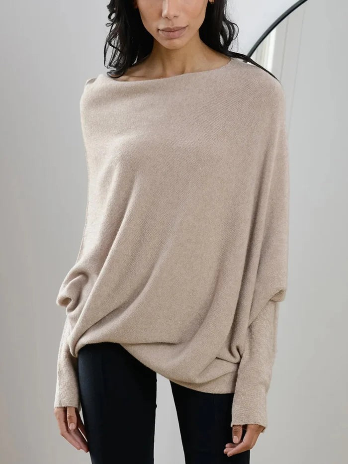 Asymmetrischer Damen-Strickpullover mit drapiertem Ausschnitt und langem Saum in Hellbraun