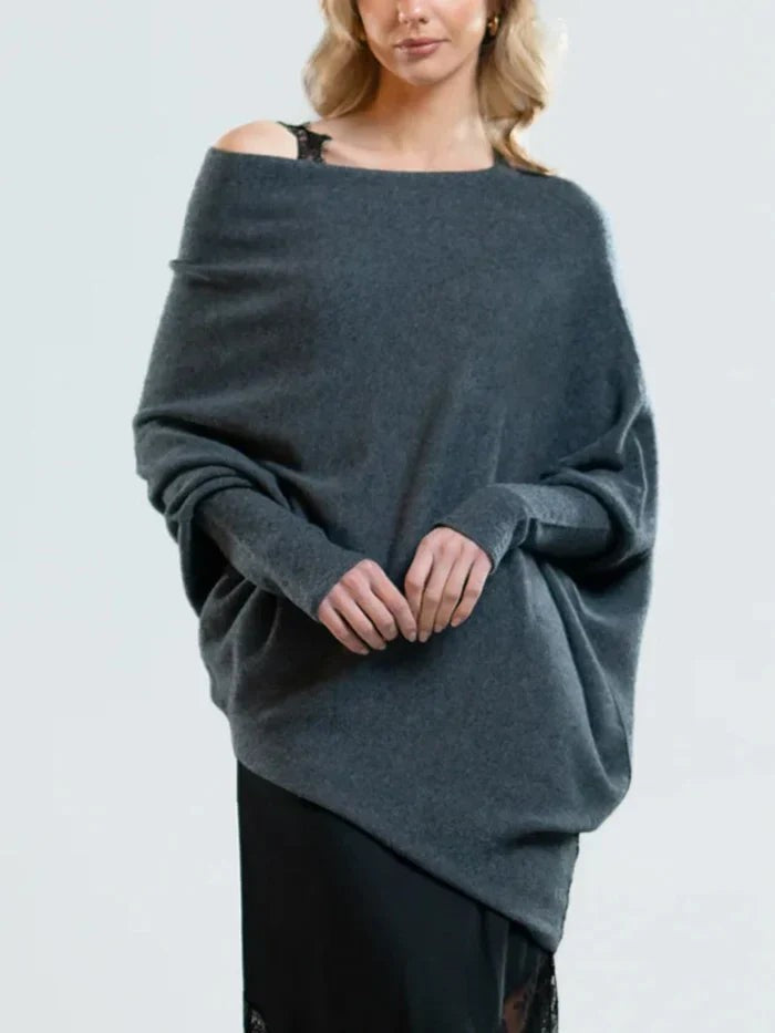 Asymmetrischer Damen-Strickpullover mit drapiertem Ausschnitt und langem Saum in Dunkelgrau