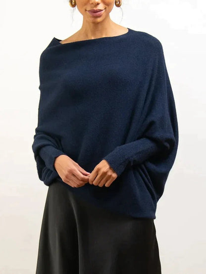 Asymmetrischer Damen-Strickpullover mit drapiertem Ausschnitt und langem Saum in Marineblau
