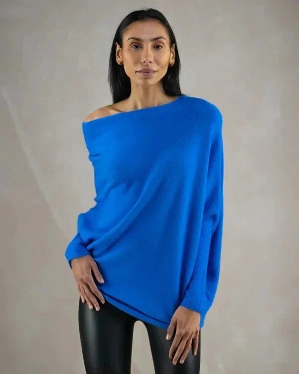 Asymmetrischer Damen-Strickpullover mit drapiertem Ausschnitt und langem Saum in Blau