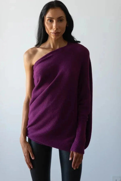 Asymmetrischer Damen-Strickpullover mit drapiertem Ausschnitt und langem Saum in Lila