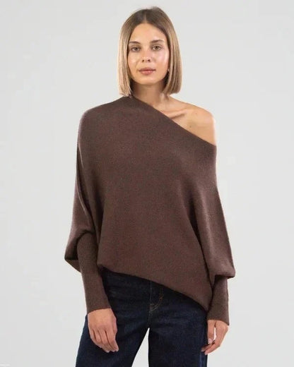 Asymmetrischer Damen-Strickpullover mit drapiertem Ausschnitt und langem Saum in Braun