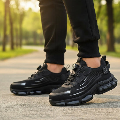 Atmungsaktive Arbeitsschuhe mit breiter Schutzkappe, Drehverschluss und rutschhemmender Sohle in Schwarz